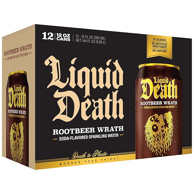 Liquid Death Soda-Flavored Sparkling Water - Rootbeer Wrath, Less Sugar*, Huge Flavor, No Caffeine, No Artificial Sweeteners, 12 Fl Oz (Pack of 12)