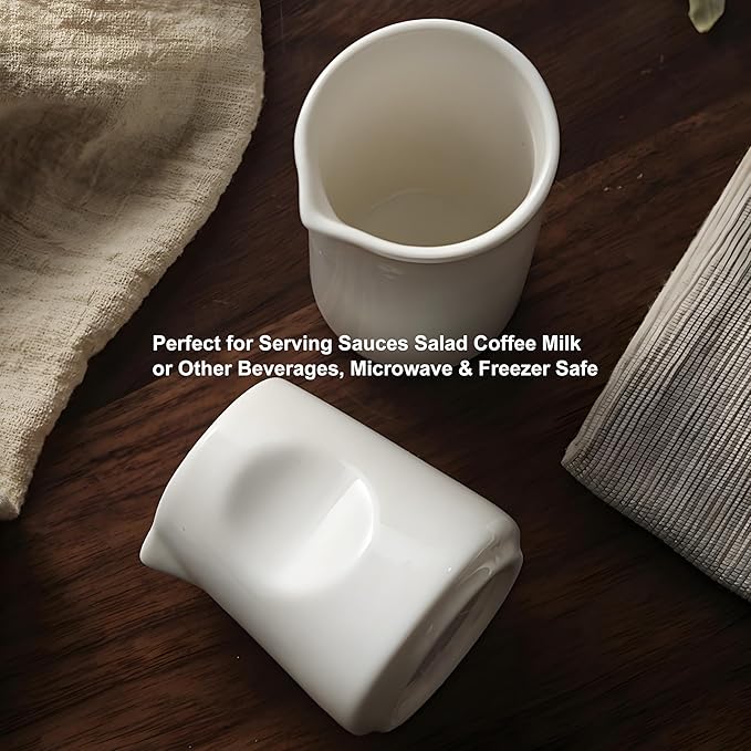 Modern White Mini Ceramic Creamer Container and Small Coffee Milk Pitcher, Minimalist Design(3 oz/4 oz for 2)