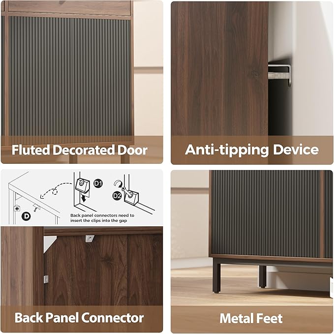 Mericonia Farmhouse Buffet Sideboard Cabinet with Storage, Fluted Coffee Bar with Doors and Adjustable Shelves, Modern Wood Console Cabinet with Drawers (4 Door, Walnut&Black 2 Drawer)