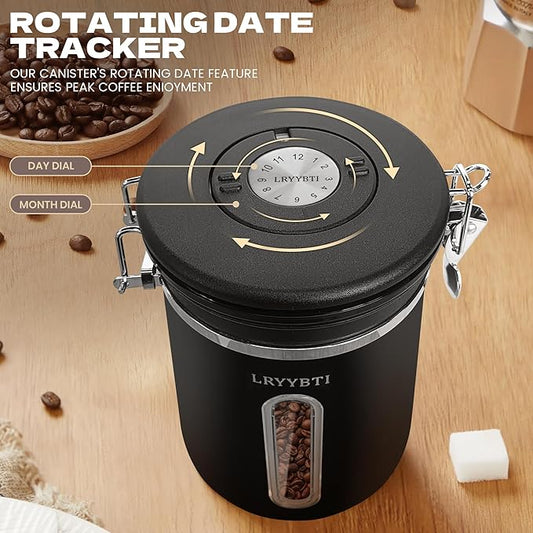 Coffee Canisters with Window,Scoop and Airtight Lid Stainless Steel Kitchen Bean Storage Grounds Container（22OZ/Black)Date Tracker and Scoop for Grounds Coffee Bar Accessories Beans, Cereal, Sugar