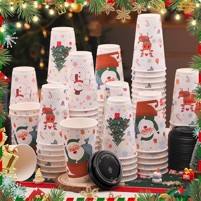 BYSNOW 100 Count Christmas Paper Cups, Xmas 16 oz DisposableCoffee Cups Snowflake Santa Snowman Elk Christmas(16oz 100Count)