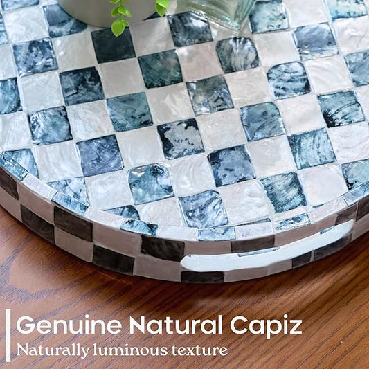 12.6 Inch Round Capiz Shell Decorative Tray with Handles, Serving Tray for Coffee Table & Ottoman, Coffee Table Trays for Living Room, Kitchen, Bathroom (Navy Blue)