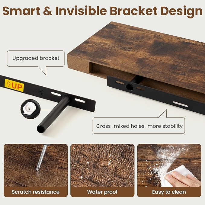 24 Inch Floating Shelves for Wall, 8 Inch Deep Floating Shelf for Storage & Display, Wall Mounted Shelf with Invisible Brackets for Living Room, Kitchen, Bathroom, Home Decor, Set of 2, Rustic Brown