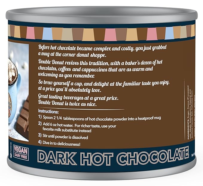 Double Donut Coffee Dark Vegan Hot Cocoa, Rich Chocolate Cocoa Mix, Gluten & Dairy Free, Velvety Smooth, 9.87 Oz