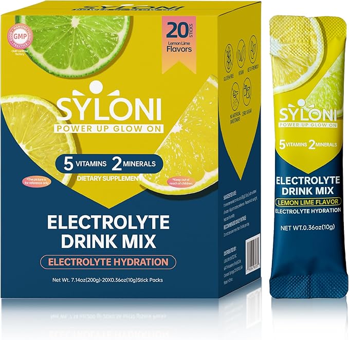 Electrolytes Powder Packets, Lemon Lime 20 Sticks, Sugar Free Hydration Packets Electrolyte Drink Mix with 7 Vitamins and Electrolytes, Keto Friendly, Vegan, Gluten Free