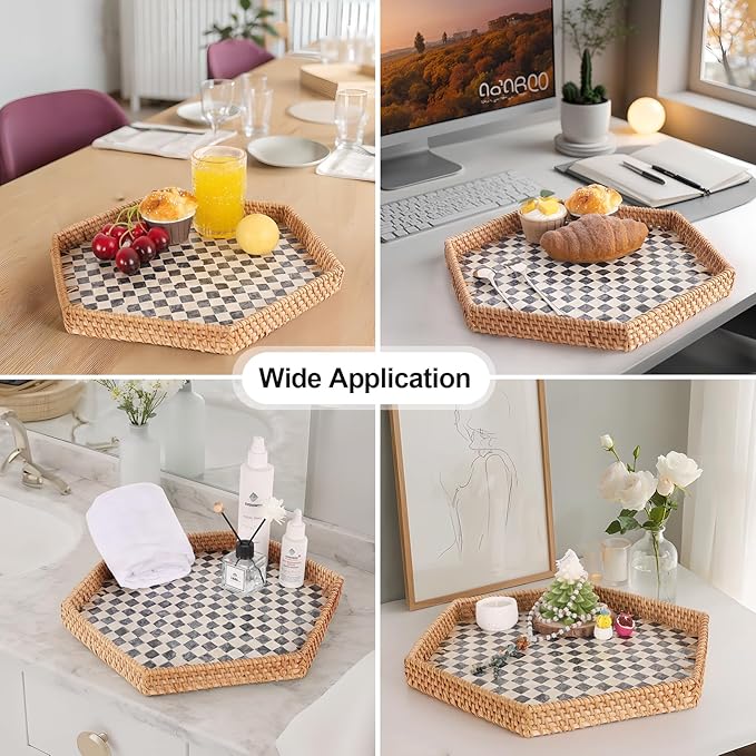 Hexagon Rattan Tray with Mother of Pearl Inlay, Rattan Serving Tray for Coffee, Bread, Fruits, Snacks, Decorative Wicker Tray for Table Decor, Home Decor (Black Checker, 14.5"×12.8")