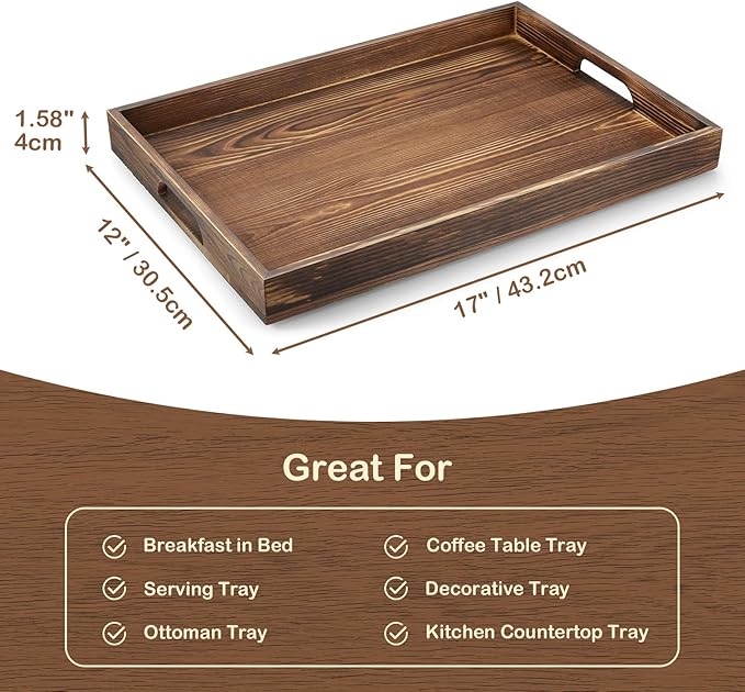 17 Inch Burnt Wood Serving Tray with Handles, Large Wooden Decorative Tray for Ottoman, Breakfast in Bed, Coffee Table, Dinner, Rectangular Tray for Living Room Bedroom Entryway and Kitchen