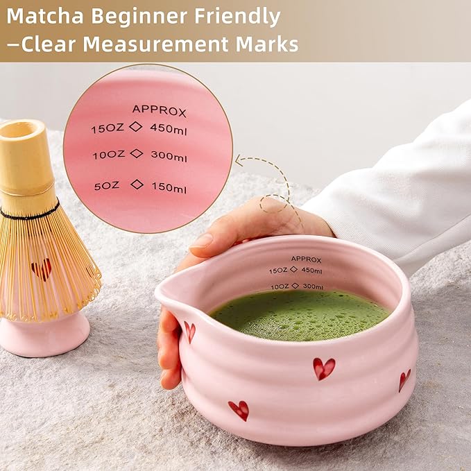 5pcs Premium Matcha Set,Ceramic Bowl with Spout and Bamboo Whisk set, Ceremonical Matcha Kit for breakfast/latte,Tea Starter Making Kit,Unique Matcha Gift set (pink love)