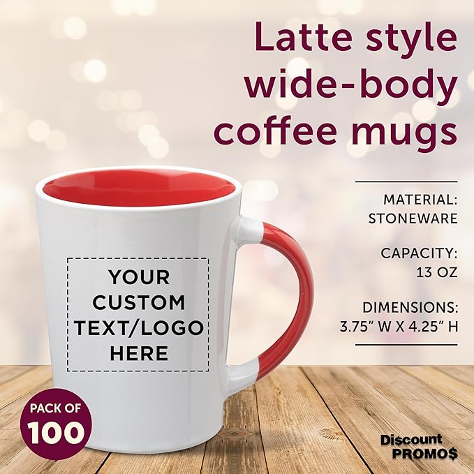 Custom Ceramic Latte Coffee Mugs by Albany 13 oz. Set of 100, Personalized Bulk Pack - Perfect for Coffee, Tea, Espresso, Hot Cocoa, Other Beverages - Red