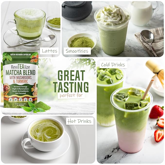 ReviTEAlize Matcha Mushroom Powder Latte Blend - Organic Japanese Ceremonial Grade Matcha Powder - Healthy Coffee Alternative - (30 Servings)