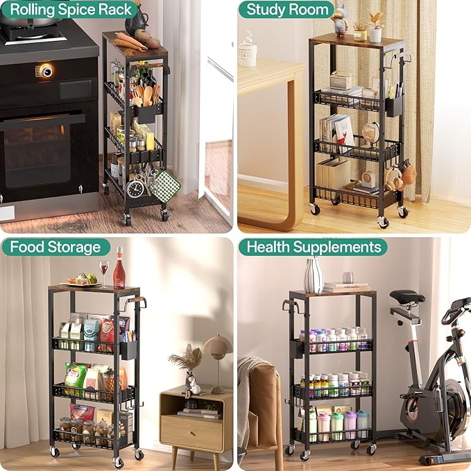 Slim Rolling Storage Cart, 4 Tier Small Organizer Cart with Wheels, Metal Utility Shelf Kitchen Bathroom Laundry Room Organization Trolley with Handle for Narrow Space (Carbon Black, 9.1" W)