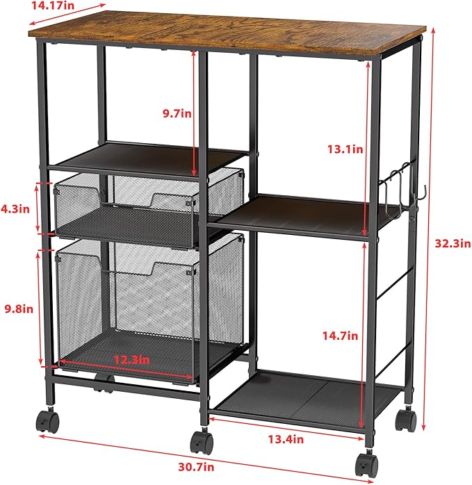 Rolling Microwave Cart with Storage, Microwave Stand with Drawers, Kitchen Storage Rack On Wheels, Kitchen Storage Cart Shelves Organizer Used As Bakers Rack Coffee Bar Station Kitchen Island Cart