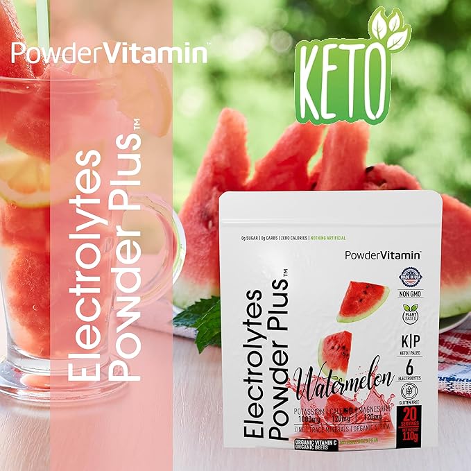 PowderVitamin Electrolytes Powder Plus (20 Servings) Watermelon Electrolyte Powder Zero Calorie Keto,0 Sugar, No Maltodextrin,1000mg Potassium,120mg Calcium,120mg Magnesium, Pink Himalayan Salt