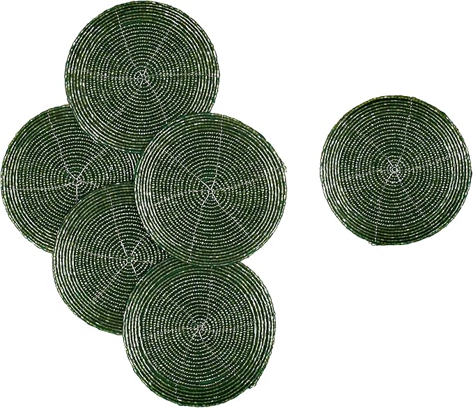 Handmade Beaded Wire Coaster Set of 6-4 Inch Round Coasters, Elegant Beautiful Stylish Decorative Drink Coasters Perfect for Home, Office, Christmas, & Everyday Use - Forest Green