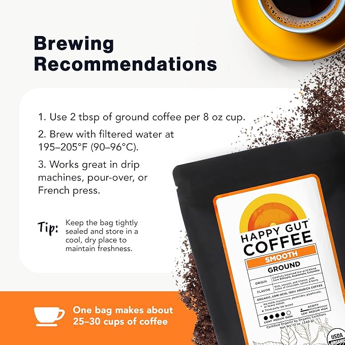 Happy Gut Coffee - Doctor-Formulated, Organic Medium-to-Dark Roast Coffee with Gut-Friendly Benefits - Gentle on Stomach - Rich Flavor, Gluten-Free, No Bitterness - 12oz - SMOOTH - Ground
