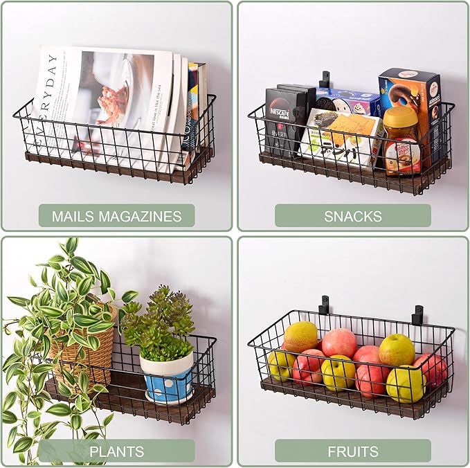 Wall Hanging Baskets 3 Pack, Diversified Wire Basket Shelves of Wooden Style, with Wall Mounted Hooks & Traceless Stickers, for Kitchen Coffee Bar Office Room Garage Storage Organization (Extra Large)