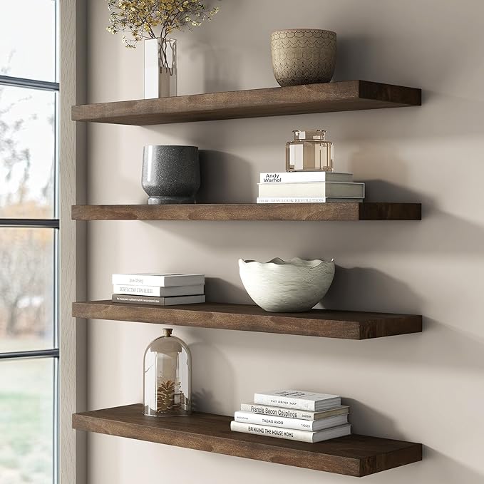 Reclaimed Elm Wood Floating Shelf for Wall, Flat Edge 55"W x 9.2"D x 1.4"H, 1 Pack with Invisible Bracket, Large Wall Mounted Shelf for Living Room Bedroom Kitchen Bathroom Decor, Walnut Finish
