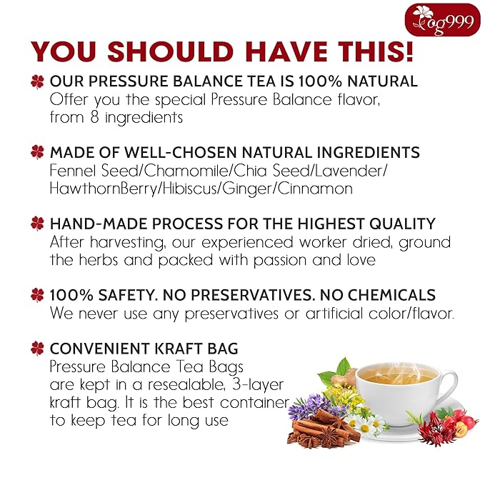 TOG999, Upgraded Pressure Balance Herbal Tea - 80 Tea Bags | Heart Functional Tea | Blend of 9 Natural Herbs | Caffeine-Free, Sugar-Free, Vegan-Friendly