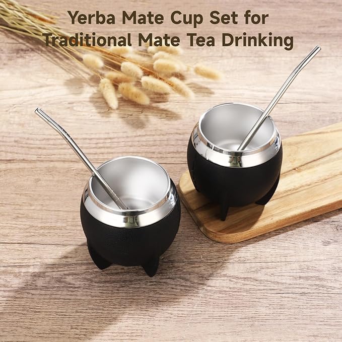 2PCS Yerba Mate Cup, 6 oz Stainless teel Mate Cup with Straw, Double Wall Vacuum Insulated Yerba Mate Gourd for Traditional Mate Tea Drinking (Black-A)