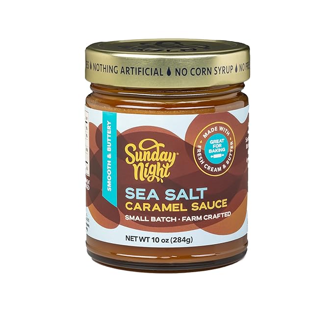 Sunday Night Foods Sea Salt Caramel Sauce, Smooth Buttery Dessert Topping, Made with Fresh Cream and Butter, Contains Milk, Gluten Free, 10oz
