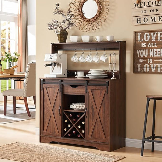 Wnutrees Farmhouse Coffee Bar Cabinet with Charging Station and USB Ports, Sliding Barn Door, 39" Kitchen Hutch Sideboard Buffet Storage Cabinet, Fits Kitchen Dining Living Room, Brown