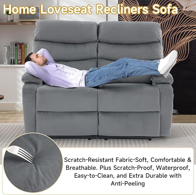 Loveseat Recliner Sofa Couch, Velvet 2-Seater Reclining Sofa for RV, Double Seater Wall Hugger Recliner Chair for Living Room, Home Theater Seating, Dark Grey
