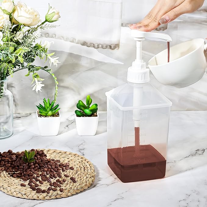 Uceoo Coffee Syrup Dispenser, Plastics Syrup Bottle With Plastic Pump, 37 Oz Large Capacity Square Syrup Pump Dispensers for Coffee Bar, Simple Pump Bottle for Honey, Condiments, Salad Dressings