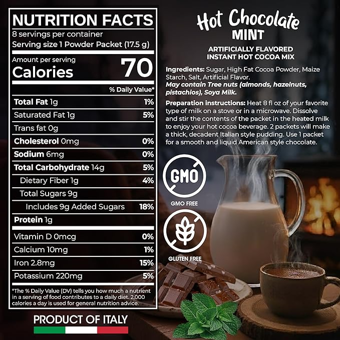 Cafe Garibaldi Premium Hot Chocolate Mint - Instant Cocoa Mix with Cocoa Powder, Gluten-Free & GMO-Free, 8 Servings x 0.62oz Packets, Ideal Italian Hot Chocolate Gift