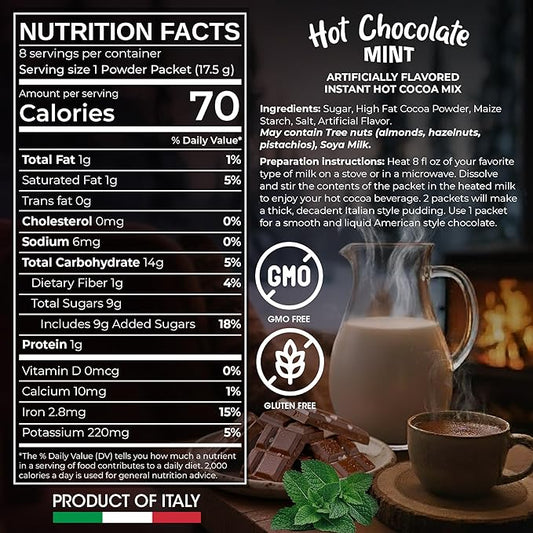 Cafe Garibaldi Premium Hot Chocolate Mint - Instant Cocoa Mix with Cocoa Powder, Gluten-Free & GMO-Free, 8 Servings x 0.62oz Packets, Ideal Italian Hot Chocolate Gift