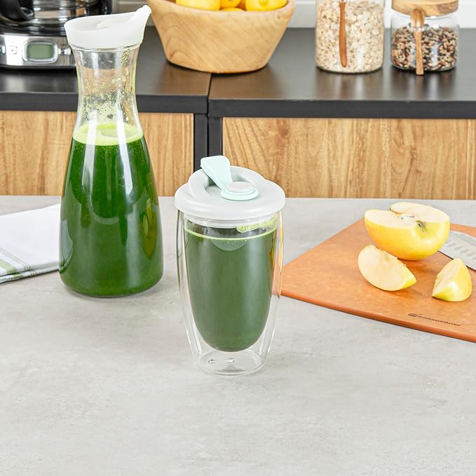 Restaurantware Glass Travel Mug 1 Count 15 Ounce Double Wall Borosilicate Reusable Coffee Cup, Spill-Resistant Gray and Green Silicone Lid, Clear Drinkware Mug for Hot and Cold Beverages