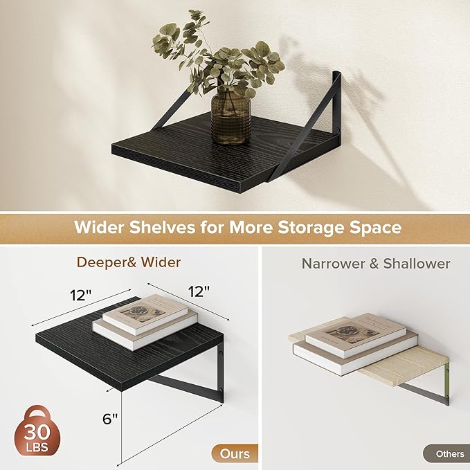 Deep Floating Shelves Wall Mounted, 12"x12" Black Wall Shelves with Brackets Set of 2 for Bedroom, Living Room, Bathroom, Kitchen, Office - Storage & Display Shelf for Decor, Books, Plants