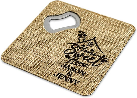 Smile Art Design Family Couple Names Custom Coaster Bottle Opener Burlap Material Family Name Home Sweet Home Print Personalized Gifts House Warming Wedding Gift Rustic Home Decor Style11