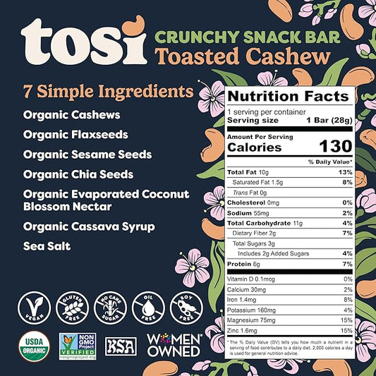 Tosi Nut Bars, Cashew, Healthy Snacks for Adults & Kids, Plant Based Crunchy Bars (6G Protein), Organic Keto Snacks, Vegan, Gluten & Soy Free, Low Sugar, Omega 3s, 1oz, 12-Pack