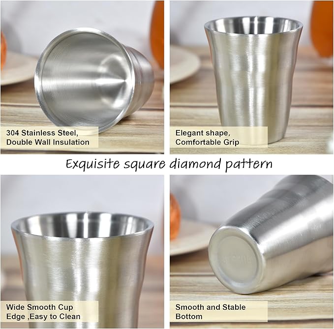 AGH 6 Pack Stainless Steel Cups for Kids, Metal Cups 9 oz Double Layer Insulated Pint Cup, Camping Tumbler Reusable Stackable Cup for Party Outdoor (Matte Silver)