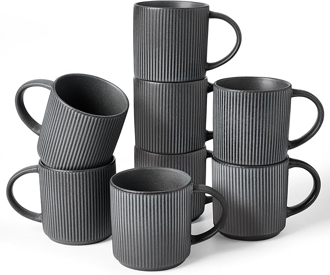 famiware Coffee Mug Set for 8, Star 12 oz Catering Mugs Cup Set with Handle for Coffee, Tea, Cocoa, Milk - Ceramic Stoneware Drinkware Set, Matte Dark Charcoal