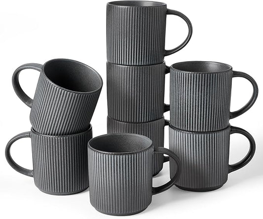 famiware Coffee Mug Set for 8, Star 12 oz Catering Mugs Cup Set with Handle for Coffee, Tea, Cocoa, Milk - Ceramic Stoneware Drinkware Set, Matte Dark Charcoal