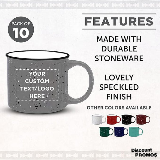 DISCOUNT PROMOS Custom Ceramic Campfire Coffee Mugs 13 oz. Set of 10, Personalized Bulk Pack - Perfect for Tea, Espresso, Cappuccino, Hot Cocoa - Grey