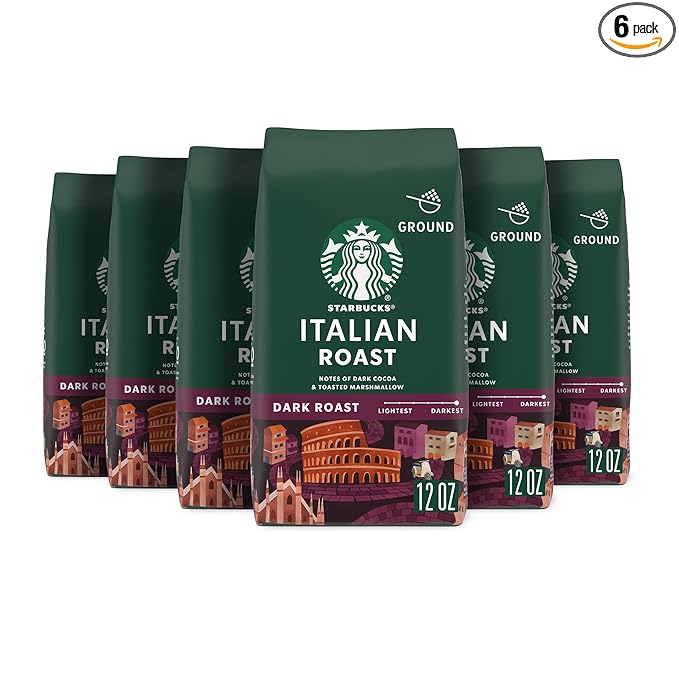 Starbucks Ground Coffee, Dark Roast Hot or Iced Coffee, Italian Roast, Six 12 oz Bags