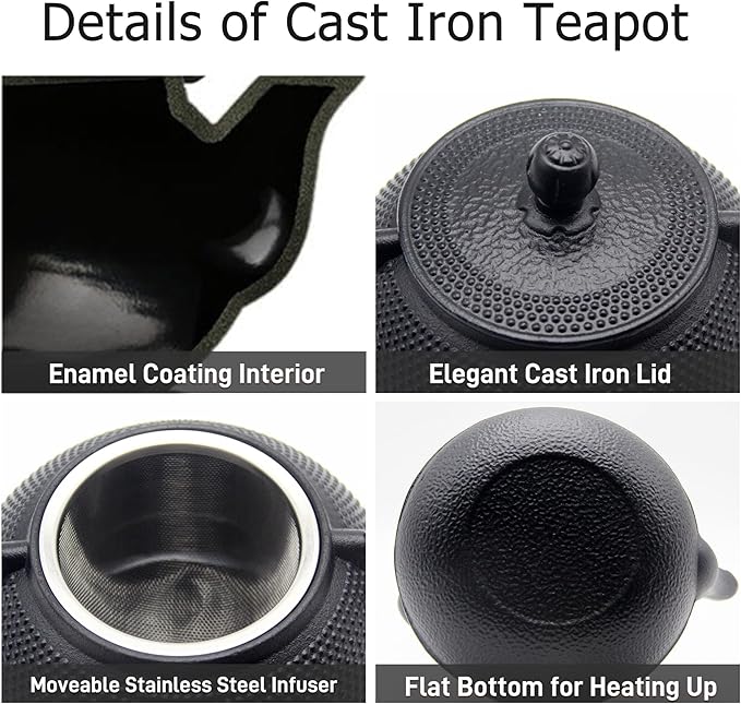 20.3oz Small Cast Iron Teapot Set with Warmer, Japanese Black Tea Kettle for Stovetop Safe, Teapot and Cups Set, Tea Pot with Stainless Steel Infuser for Loose Tea(600ml)