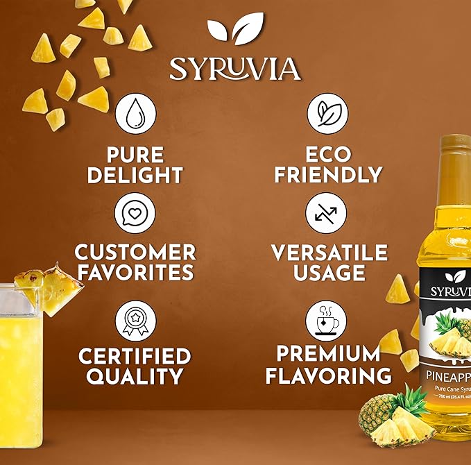 Syruvia Pineapple Syrup, Flavored Syrup for Drinks, Cocktails, Lemonades, Iced Teas, and Desserts – 25.4 fl oz