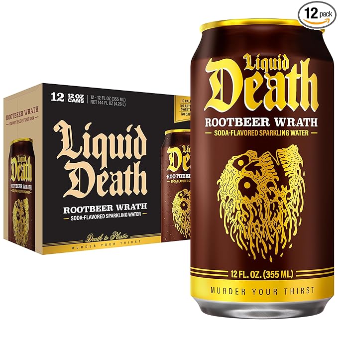 Liquid Death Soda-Flavored Sparkling Water - Rootbeer Wrath, Less Sugar*, Huge Flavor, No Caffeine, No Artificial Sweeteners, 12 Fl Oz (Pack of 12)