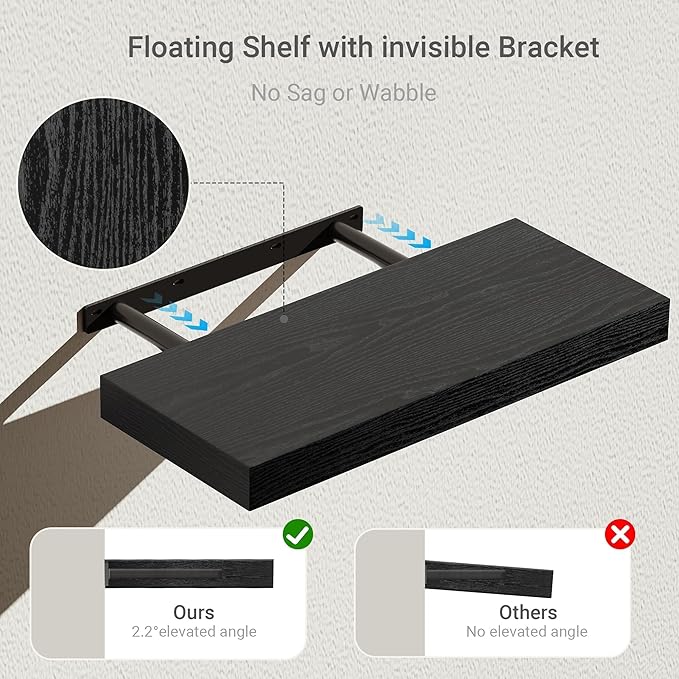 Vivelove Black Bathroom Shelves Over Toilet, 16" Floating Shelves, Wall Shelf for Bathroom Bedroom, Living Room, Kitchen, Office Home Decor, Narrow Shelves with Invisible Brackets Set of 2