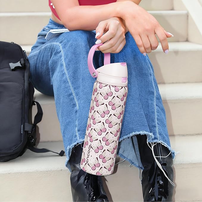ENCOOL Leakproof Insulated Water Bottle with Straw Dual-Sip Water Bottle Bag-Safe Design for Work, Commute & Gym – Keeps Drinks Cold All Day, 24 oz, Blush Butterfly