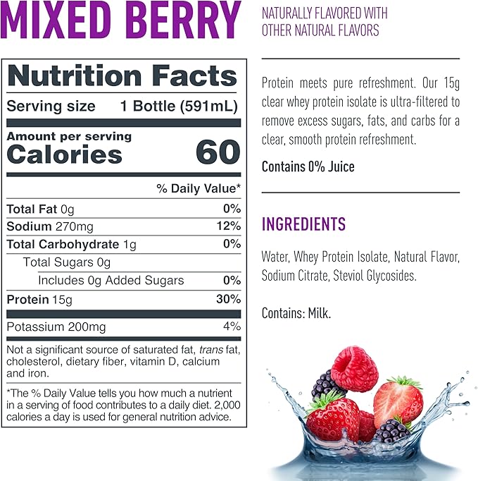 Isopure Clear Whey Isolate Mixed Berry Protein Powder 16 Servings + 1 Bottle of Clear Protein Water with Electrolytes, 15g Whey Protein Isolate, Zero Sugar, Mixed Berry, 20 fl oz Bottle