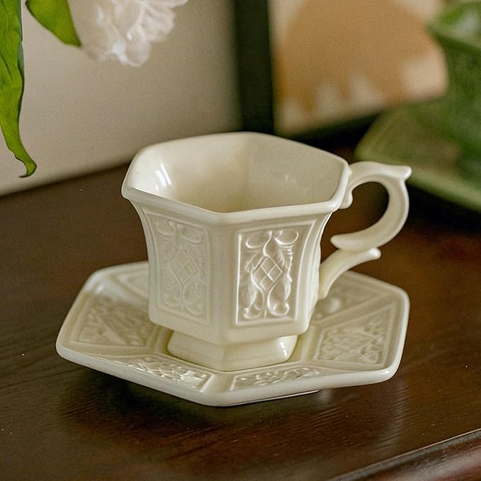 KAMMAK Tea Cups and Saucers Set of 2, Porcelain Coffee Cups, 6-Ounce Stackable Espresso Mugs, Ceramic Demitasse for Coffee, Latte, Americano, Tea, Retro Cream