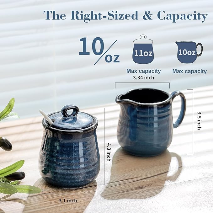 Ceramic Sugar and Creamer Container Set of 3,10 Ounce Cream Pitcher,11 Ounce Sugar Bowl with Lid and Spoon,Farmhouse Coffee Bar Accessories Set for Serving,Microwave & Dishwasher Safe,Blue