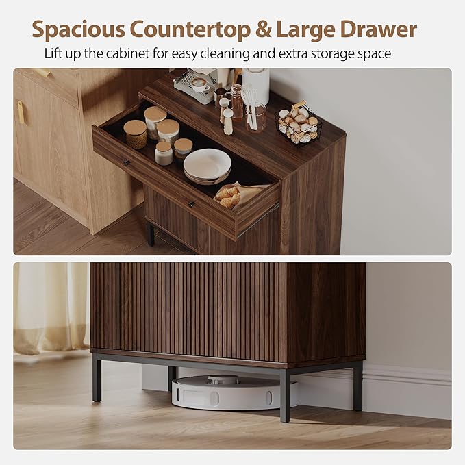 Mericonia Farmhouse Buffet Sideboard Cabinet with Storage, Fluted Coffee Bar with Doors and Adjustable Shelves, Modern Wood Console Cabinet for Kitchen, Livingroom (Fluted 2 Door, Walnut)