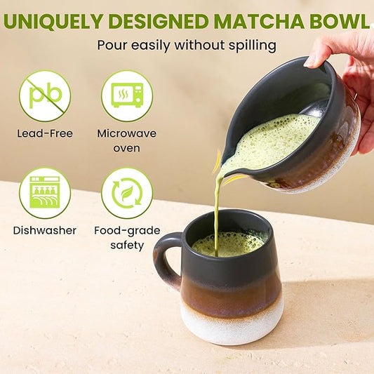 Matcha Whisk Set, Ceramic Matcha Kit Desert Style, Matcha Whisk and Bowl, Bamboo Scoop and Rest, Sifter and Tea Towel, 7 Pcs Gifts for Matcha Lover - Matte Black