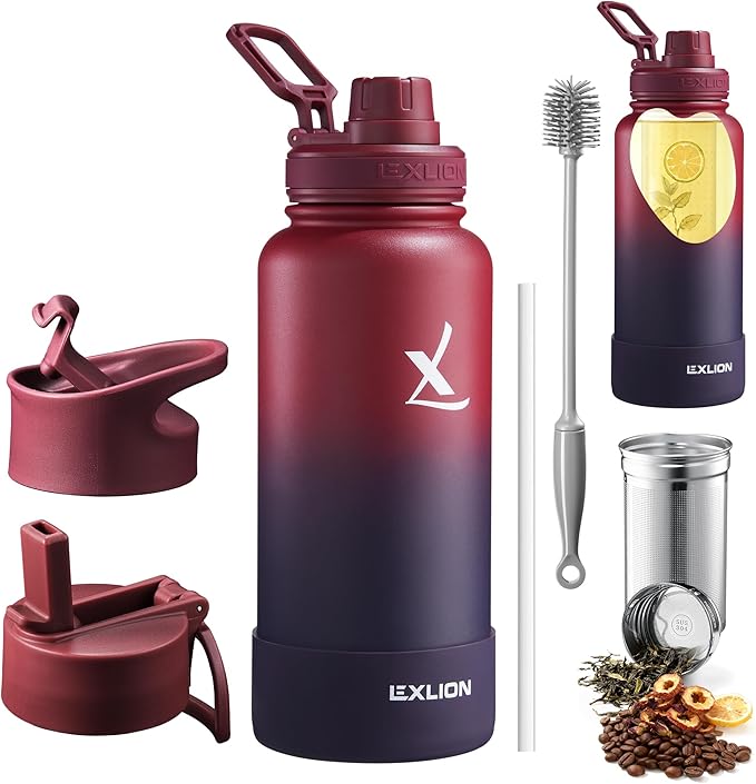Lexlion Tea Infuser Water Bottle 32 Oz – Triple Wall Insulated Stainless Steel, Loose Leaf & Fruit Strainer, 3 Leakproof Lids, BPA-Free Silicone Sleeve, Reusable Thermal Mug