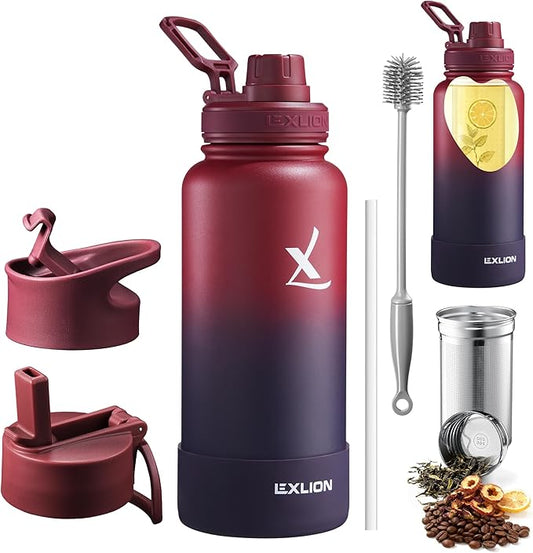Lexlion Tea Infuser Water Bottle 32 Oz – Triple Wall Insulated Stainless Steel, Loose Leaf & Fruit Strainer, 3 Leakproof Lids, BPA-Free Silicone Sleeve, Reusable Thermal Mug